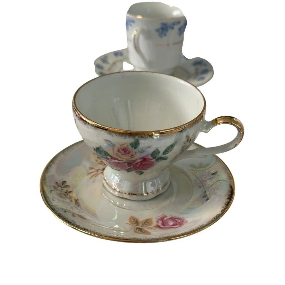 Choice Imports Vintage Floral‎ Teacup and Saucer Set Gold Trim Iridescent Rose